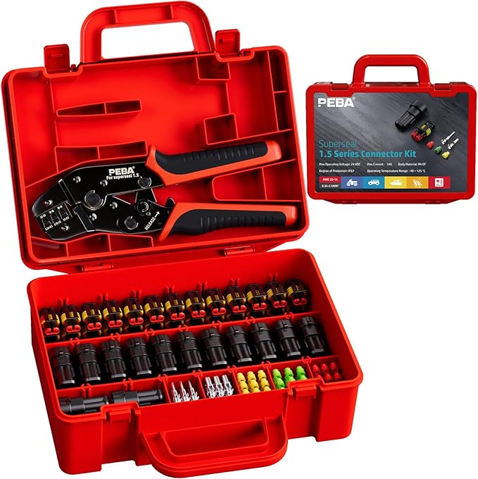 PEBA Crimping Tool Kit, Ratchet Crimping Tool 22-14 AWG, 20 Sets 2 Pin Sealed Waterproof Automotive Electrical Connectors Plug Kit with Male-Female Pin Terminal | Weatherproof Electrical Connector Kit