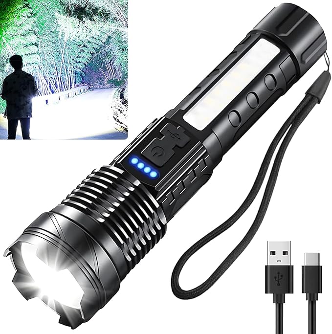 Rechargeable LED Flashlights, 90,000 Lumens Super Bright Flash Light, 7 Modes with COB Work Light, IPX6 Waterproof, Adjustable Tactical Powerful Handheld Flash Light for Home,Camping and Emergencies