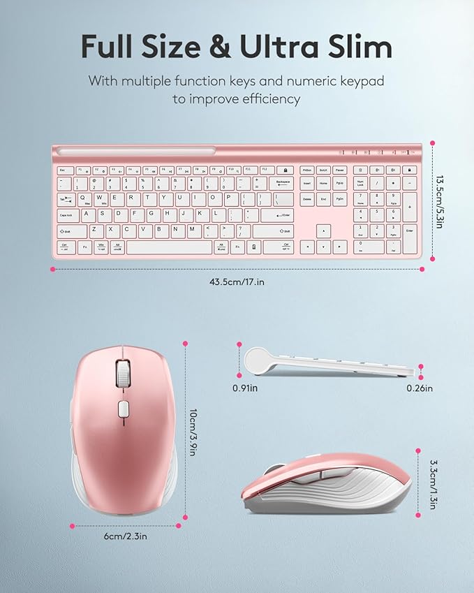 Wireless Keyboard and Mouse Combo - Samsers Ultra Slim Rechargeable Dual-Mode (Bluetooth 5.0x2 +2.4G) Silent Keyboard and Mouse Set, Multi-Device Full-Size Design for MacOS/iOS/Android/Windows - Pink