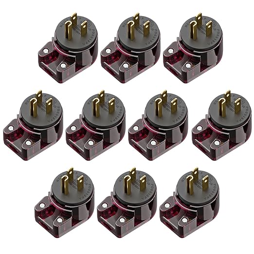 10 Pack Nema 5-15P Plug, 90 Degree Right Angle Plug 15A 125V Angled Plug, Nema 5-15P DIY AC Plug, USA 3-Prong Household Right Angle AC Plug, Red Color ETL Verified