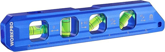WORKPRO 8-Inch Magnetic Torpedo Level, Aluminum Alloy Construction, 4 Bubble Vials for 0°/90°/45°/30° Measurements, Cobalt Blue