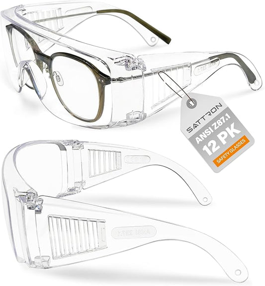 Clear Safety Glasses Over Eyeglasses 12 PACK ANSI Z87.1 Impact Resistant Wide Vision Fits Over Most Prescription Glasses Dust/Chemical Splash Proof Lightweight Protective Eyewear for Men Women