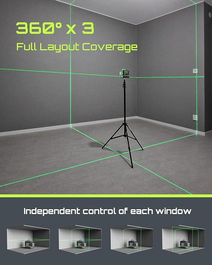 Laser Level Self Leveling 360°x3 Green Cross Line Laser Tool for Construction and Picture Hanging, Remote Control, Professional Magnetic Rotating Stand, 2 Rechargeable Batteries - LG-3Ds