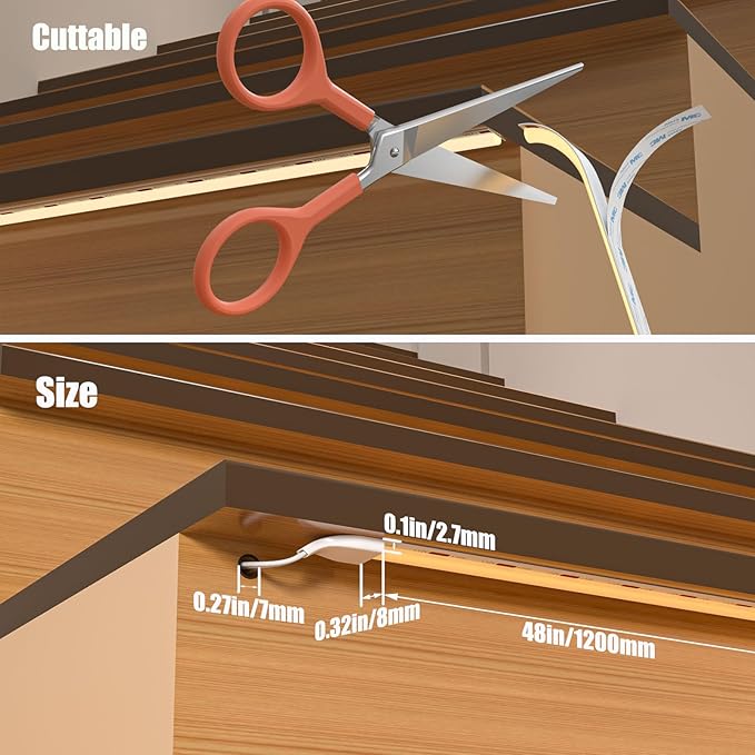 KMG-3233 Motion-Activated LED Stair Lighting Kit, 48" Long Cuttable Strip Light for Indoor LED Stair Lights (Warm White 3000K, 20 Steps)