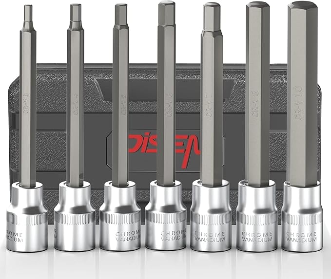 7 Pieces 3/8" Drive Extra Long Allen Wrench Hex Bit Socket Set with Portable Storage Case, Hex Head Metric 3-10mm, Chrome Vanadium Steel & S2 Alloy Steel