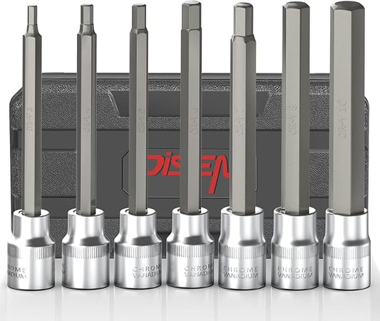 7 Pieces 3/8" Drive Extra Long Allen Wrench Hex Bit Socket Set with Portable Storage Case, Hex Head Metric 3-10mm, Chrome Vanadium Steel & S2 Alloy Steel