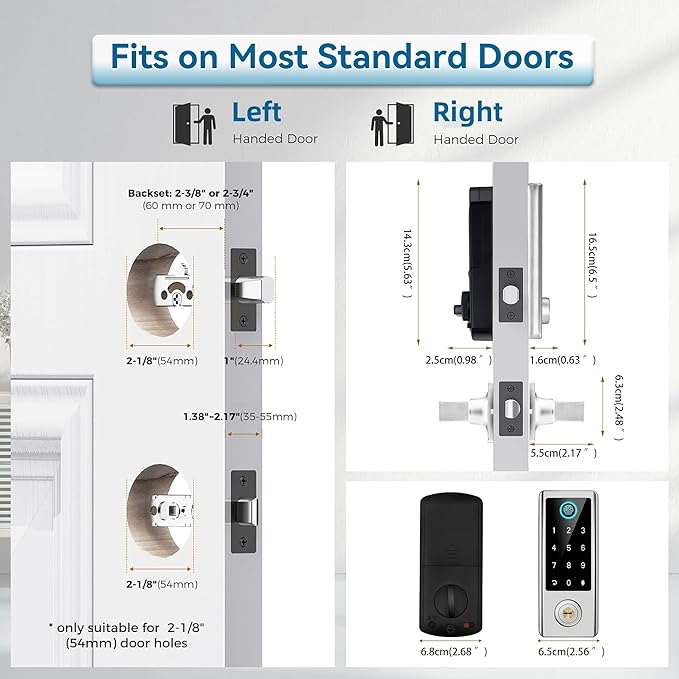 BEBASIA Smart Fingerprint Door Lock with Handle Set, Full App Control, Electronic Digital Touchscreen Keypad, Deadbolt Smart Locks for Front Door, Auto Lock, Satin Nickel