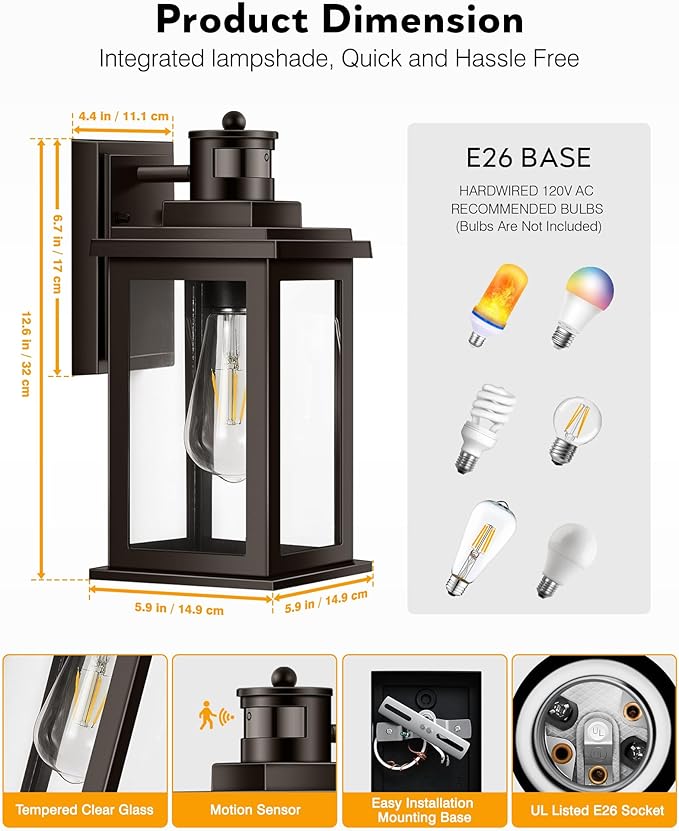 VIANIS Exterior Lights for House with Motion Sensor, Brown Dusk to Dawn Outside Lights for House, Oil Rubbed Bronze Exterior Lighting Fixtures for Garden, Garage, Doorway,Aluminum,Hardwired, Non-solar