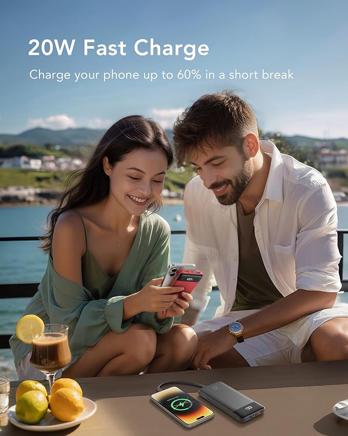 charmast 20000mAh Portable Charger with Built in Cables, 22.5W Travel Power Bank Fast Charging, USB C Cell Phone Battery Pack for iPhone 16/15/14/13/12/11 Series, iPad, Samsung, Android, Tablet
