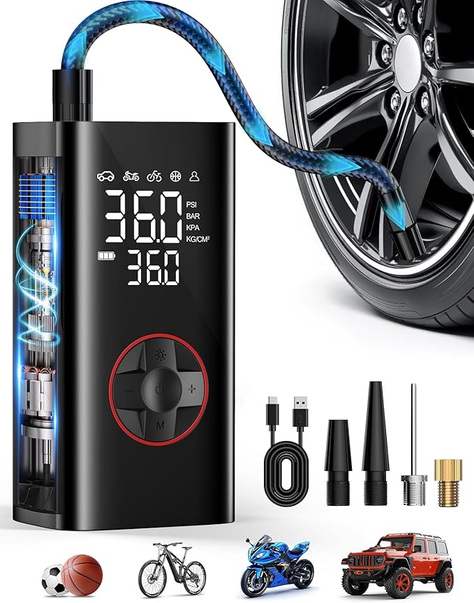 Tire Inflator Portable Air Compressor - Cordless Air Pump for Car Tires 150PSI&10000mAh, Portable Tire Inflator for Car with Pressure Gauge, Mini Tire Pump for Bike, Motorcycle, Ball, Auto Shut-off
