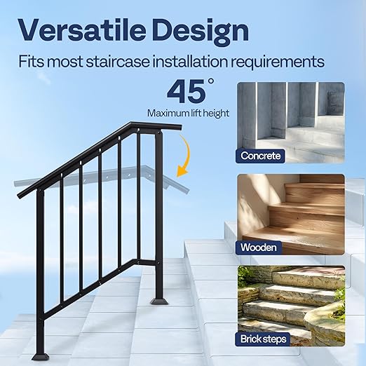 VIVOHOME 2-Pack 3 Step Galvanized Steel Hand Rails for Outdoor Steps – Black Oval and Safety Balusters Exterior Railing for Porch, Deck, or Indoor Stairs, Complete Installation Kit