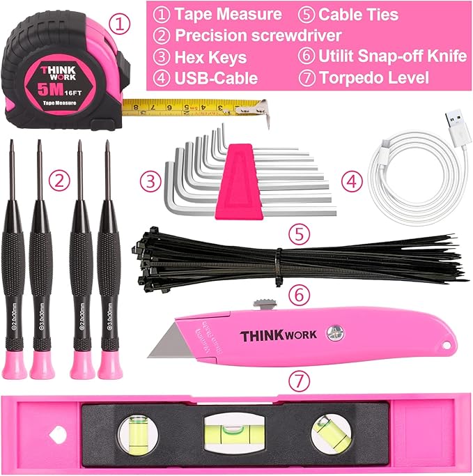 THINKWORK 122-Piece Pink Tool Set with 3.6V Rotatable Electric Screwdriver, Home Tool Kit for Women with Easy Carrying Round Pouch, Ladies Pink Tool Kit for Home Maintenance, DIY, Gifts