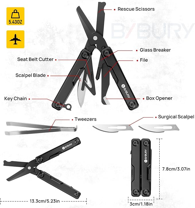 BIBURY Mini Multitool BI2052AB, EDC Multitool Scissors w/Window Breaker, Seat Belt Cutter, Bottle Opener for Outdoor Survival, TSA Approved Keychain Multi-tool Cool Gadget, Gifts for Men and Women