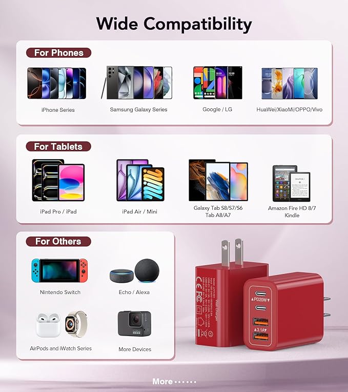 40W USB C Wall Charger, 2-Pack Super Fast Charging Block PD+QC 4 Port Charger Cube for iPhone 16,iPad Pro/Mini/Air, iPod Nano, iPod Touch, Switch, Smart Phone, Smartwatches and Tablet(Red)