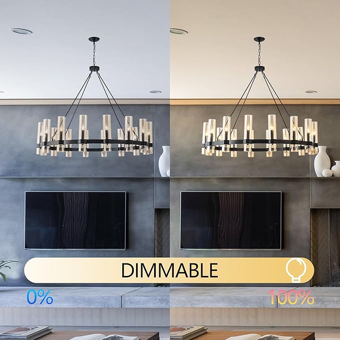 48 Inch Black Wagon Wheel Chandelier, 16 Lights, with Brown Glass Shade, Large Hanging High Ceilings Chandeliers for Dining Room Kitchen Foyer Entryway Living Room