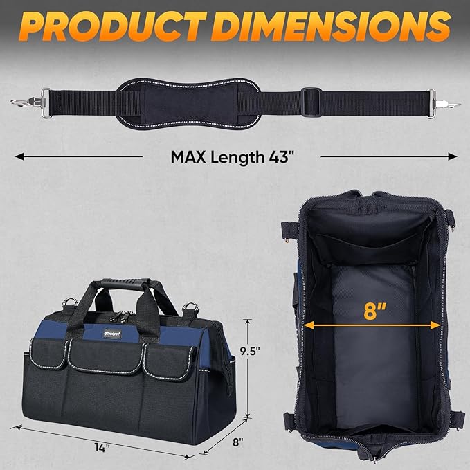 TICONN Heavy Duty Tool Bag with Multi-Pockets, Portable Tool Box Organizer Storage Bag, with Adjustable Shoulder Strap and Ergonomic Handle (Blue, 14" Standard Base)
