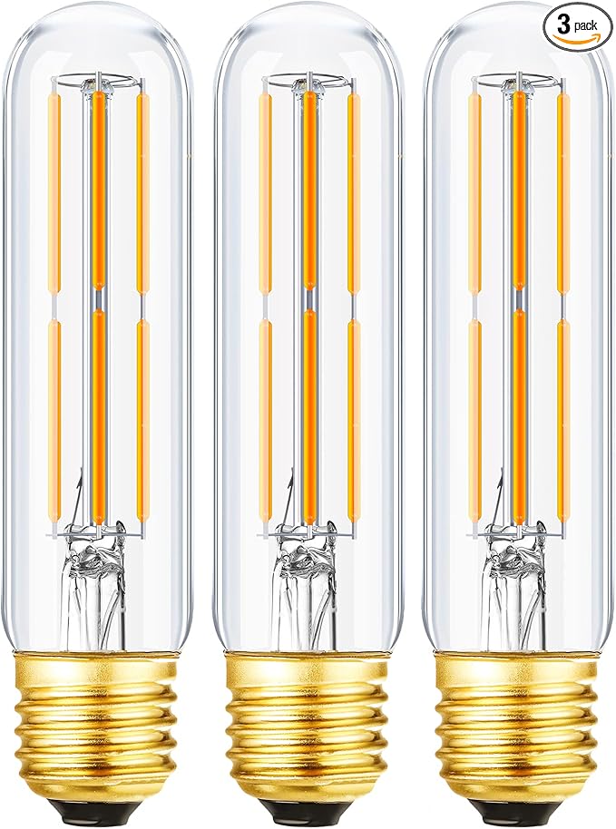 Leools T10 Led Bulb,Dimmable Tubular Vintage LED Edison Bulbs 6W,Equivalent 60 Watt,600LM,Warm White 2700K,Clear Glass,E26 Base Bulb, for Cabinet Display Cabinet etc,3 Pack.