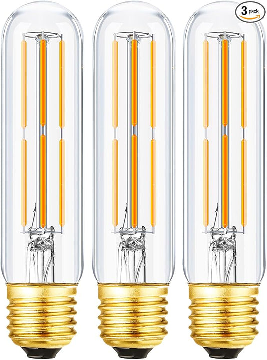 Leools T10 Led Bulb,Dimmable Tubular Vintage LED Edison Bulbs 6W,Equivalent 60 Watt,600LM,Warm White 2700K,Clear Glass,E26 Base Bulb, for Cabinet Display Cabinet etc,3 Pack.