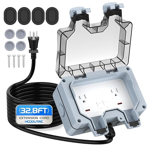 Outdoor Power Outlet Box with 32.8Ft Extension Cord, NEMA 5-15R, IP66 Waterproof Outlet Box 14AWG Wire Double Plug Socket with Lockable Cover & LED Indicator for Garden & Outdoor Use