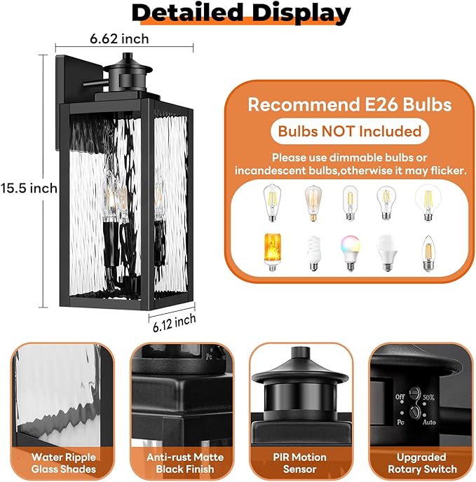 Large Motion Sensor Outdoor Wall Light, Black Exterior Wall Sconce Light Fixtures with Water-Rippled Glass, Waterproof Modern Outside Wall Lantern for House, Porch, Patio, Garage, Bulbs Not Included