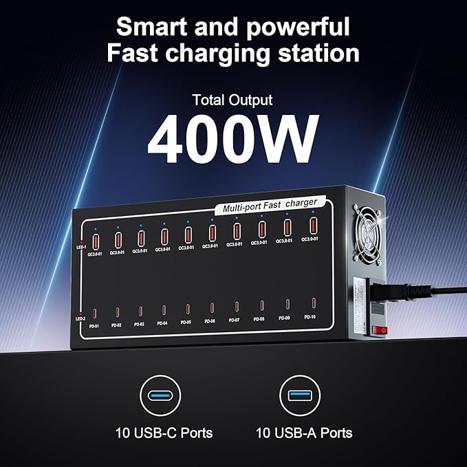 Lcoco&Dream 400W Super Charging Station, 20 Port Fast Charging（10USB C+10USB A） Desktop Charging Station,simultaneously Charges Mobile Phones, Tablets, Headphones and Other Devices at high speeds