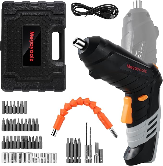 Megarooz Electric Cordless Screwdriver with Rechargeable Battery and Charger, Rotating Handle, LED Light, 47PCS Drill/Driver Accessories,Comes with packaging box for convenient storage (black)