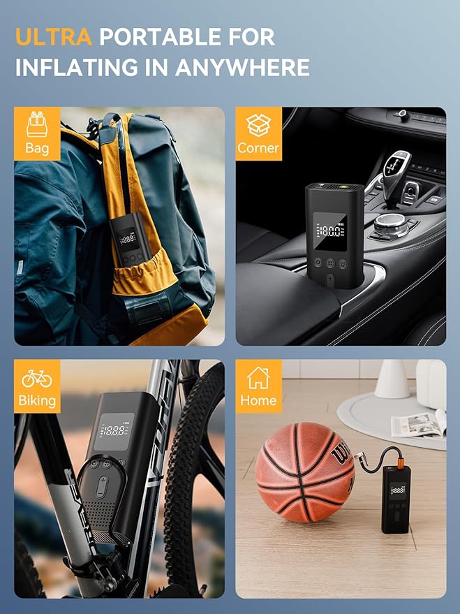 AIRSURE Tire Inflator Portable Air Compressor, 150 PSI Fast Inflation Cordless Air Pump with LED Light, Auto Shut-Off, Rechargeable Battery for Car, Motorcycle, Bike, and Sports Balls