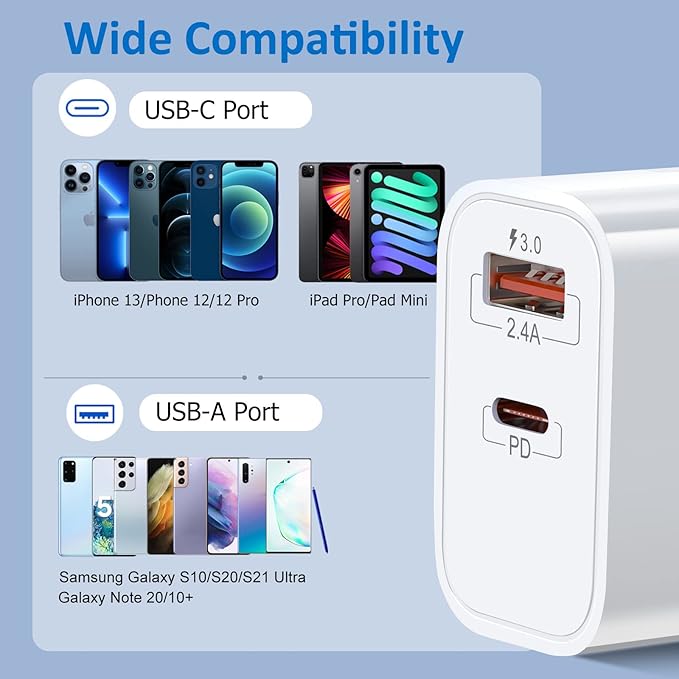 20W USB C Charger Block, Bangfun Dual Port PD 20 Watt Fast Charger Block+ Quick Fast Charge 3.0 Type C Charging Block Compatible iPhone 17/16/15/14/13/12/11 Pro Max/XR/XS/SE/Plus,Pad Pro Air(White)