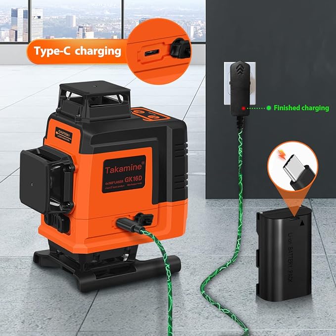 Takamine 16 Lines Laser Level Self Leveling 4x360° 4D Green Cross Line for Construction/Picture Hanging, Remote Controller, Rechargeable Li-ion battery, Magnetic Stand and portable bag