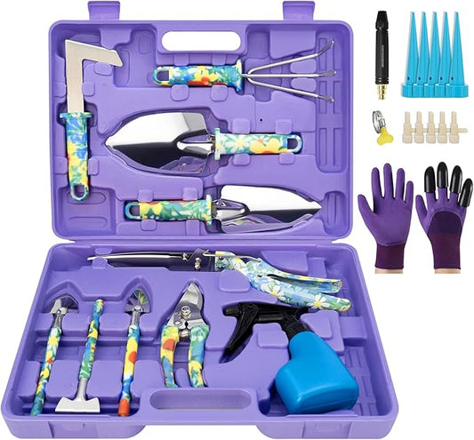 Garden Tool Set, 17-Piece Garden Tools with Floral Print, 304 Stainless Steel Garden Tools Set, Gardening Kit Gardening Gifts for Women, Blue