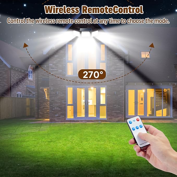 Solar Lights Outdoor Waterproof, Motion Sensor & Flood Outdoor Lights with Remote Control, 4 Adjustable Modes, 3000LM & 218 LED, High-Energy-Density Solar Panel-Monocrystalline Technology, 4 Pack