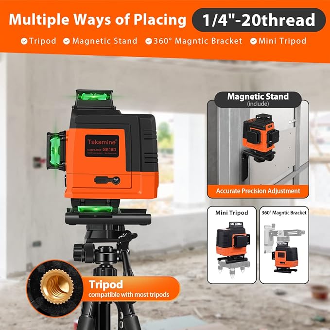 Takamine 16 Lines Laser Level Self Leveling 4x360° 4D Green Cross Line for Construction/Picture Hanging, Remote Controller, Rechargeable Li-ion battery, Magnetic Stand and portable bag