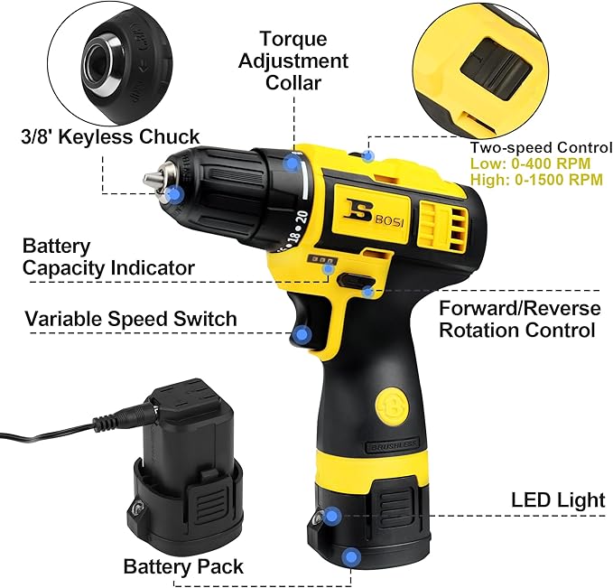 BOSI TOOLS Brushless Cordless Drill Set 16.8V Power Drill Driver Kit with 2 2000mAh Batteries and Charger 3/8-Inch Keyless Chuck 2 Speed 20+1 Position Torque Setting 27pcs Drill Screwdriver Bits