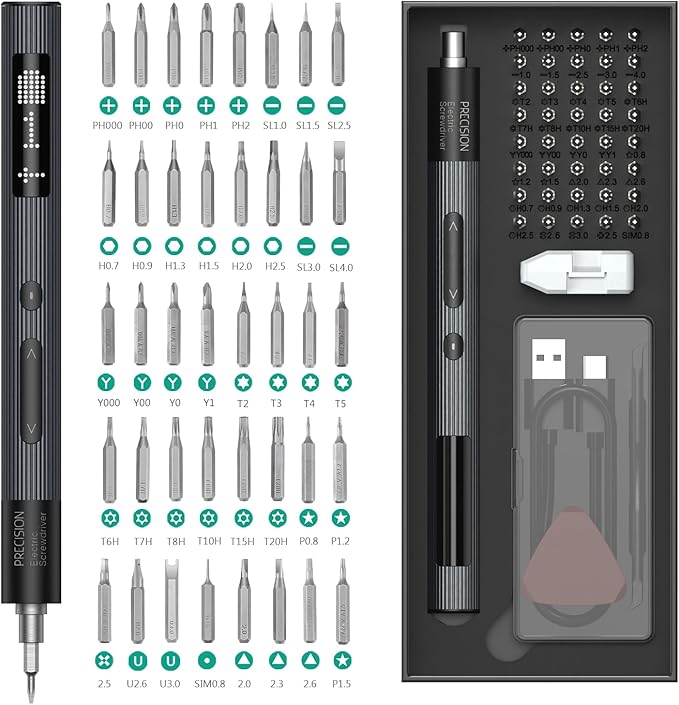 ORIA Electric Screwdriver Set, 50 in 1 Precision Screwdriver Set, Rechargeable Power Repair Tool Kit with 40 Bits, Power Display, 3 Adjustable Torque, LED Lights, Magnetizer for Phone Camera Watch
