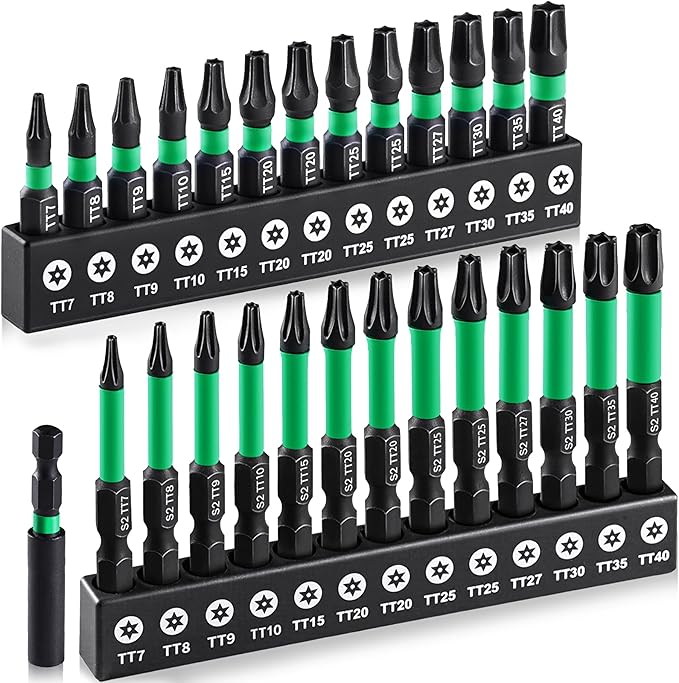 27PCS Impact Torx Bit Set (TT7-TT40), S2 Steel Security with Tamper Proof & Magnetic Screwdriver Bits, 1"&2" Long CNC Machined Torx Set with Compact Storage Case