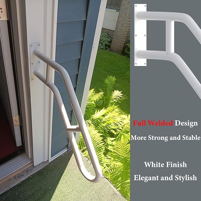 2 Pack Handrails for Outdoor Steps, Upgraded 27" Bent White Stair Handrails for Indoor or Outdoor, Wall Mounted Hand Stair Railings with Anti-Skid Crossbar, Safety for Elderly, Kids, Disabled