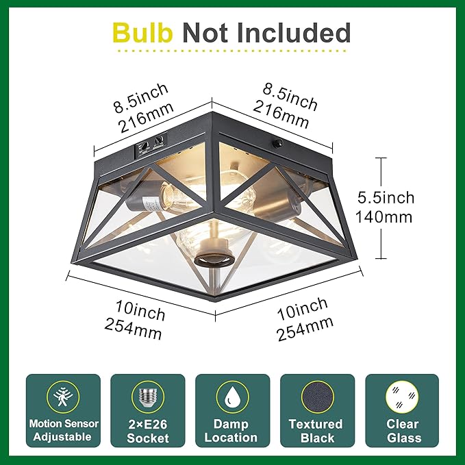 Adjustable Outdoor Motion Sensor Ceiling Light,10" Modern Industrial Design of Squares Flush Mount 2-Light with Clear Glass for Your Porch,Garage,Patio,Hallway,Entryway