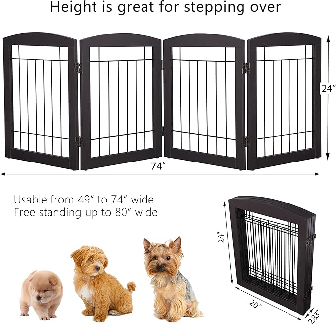 PAWLAND Dog Gate for The House Doorway Stairs Foldable Freestanding Indoor Pet Gate for Dogs Wooden Puppy Safety Fence 80" Wide 24" Height 4 Panels, Espresso