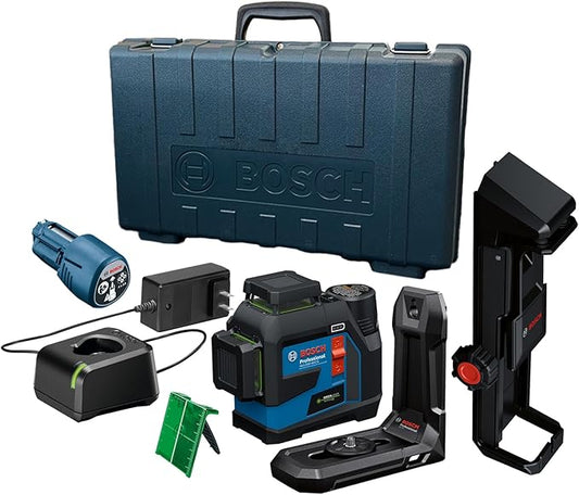 BOSCH GLL330-42CGL 12V Max 360⁰ Bluetooth Connected Green-Beam Three-Plane Laser Kit - Includes 12V Battery, Charger, Mount, Clip, Target Plate, Case
