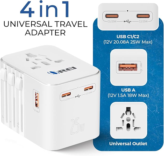 OREI 25Watt Universal Travel Adapter | 2X USBC 1XUSB A - 4-in-1 Universal Power Adapter | Universal Chargers for All Devices compatible 150+ Countries | Type C, A, G, I Compatible
