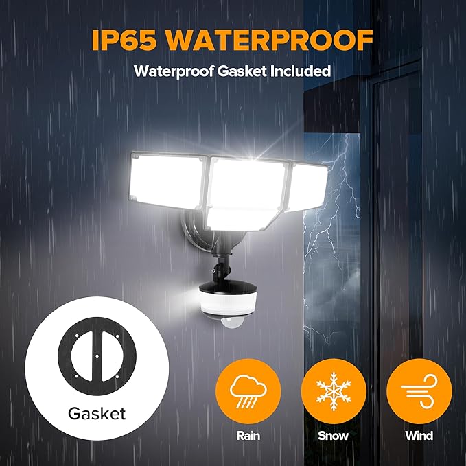 LUTEC 84W 9500LM LED Security Light Hardwire Motion Sensor Outdoor Lights with Night Light, 4 Head LED Flood Lights 5000K Daylight, IP65 Waterproof, Motion Detected Lights for Outside (Black)