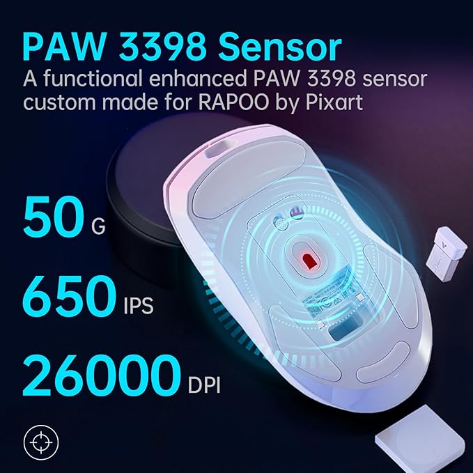 Rapoo VT9Pro Wireless Gaming Mouse - Esports Grade Performance Gaming Mice, PAW 3398 Sensor, 26000 DPI, 1ms Response Time, 68g Lightweight, 10 Programmable Buttons, Long Battery Life, White