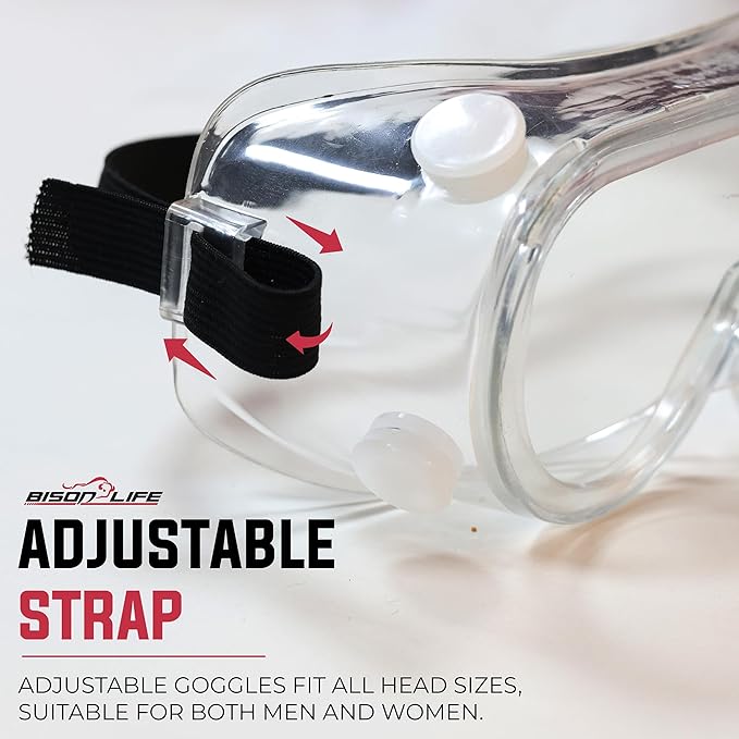 BISON LIFE Clear Anti-Fog Safety Goggles, Chemical Splash Resistant, Adjustable Strap, Anti-Scratch Eye Protection Glasses