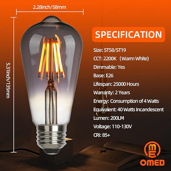 OMED LED Edison Vintage Light Bulbs 40 Watt Equivalent E26 Base 2200k Warm White Dimmable ST64 Smoke Grey Glass 40w Energy Saving Ideal Dining Rooms Durable Light for a Cozy Atmosphere 6 Pack