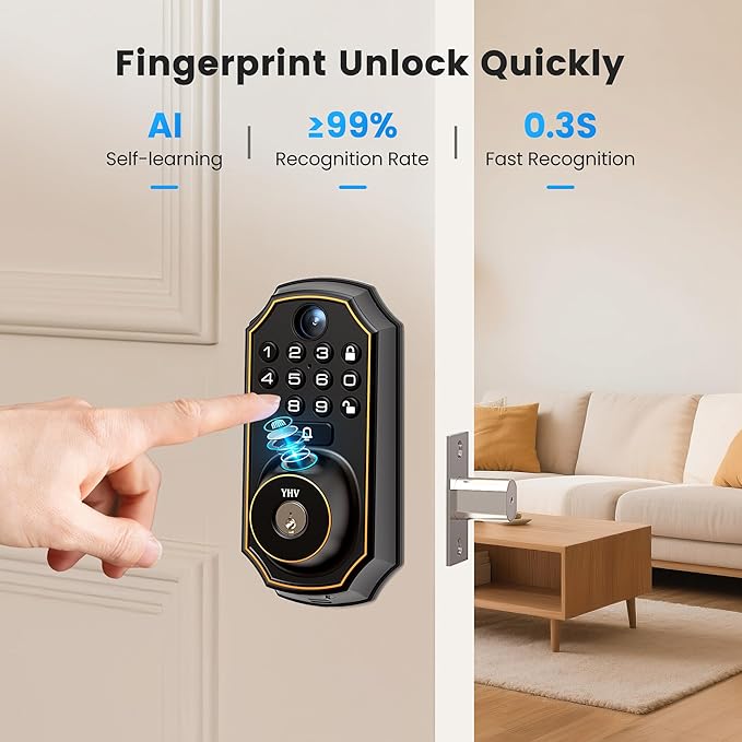 Keyless Entry Door Lock with Camera Electronic Smart Lock Fingerprint Keypad Deadbolt with Code, App Remote Control, Auto Unlock, Wi-Fi Connected, Doorbell for Front Door