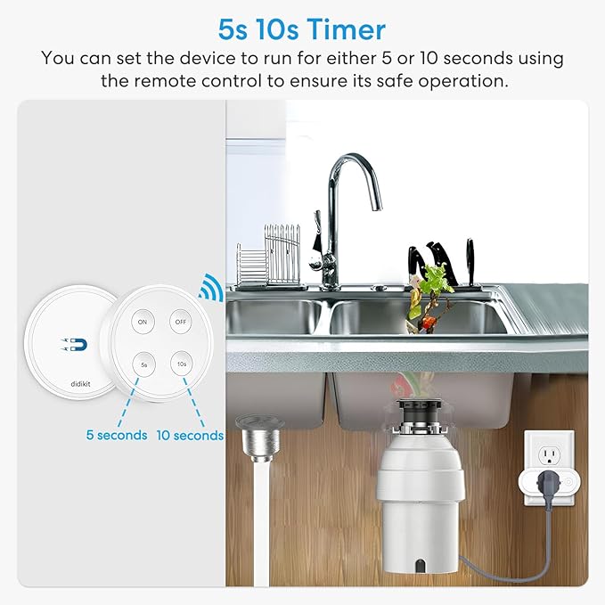 Garbage Disposal Wireless Switch Kit, Sink Top Waste Disposal On/Off Switch Remote with 5s/10s Timer, Air Switch Replacement for Waste Food Disposer Up to 1HP, 16A/1800W, White