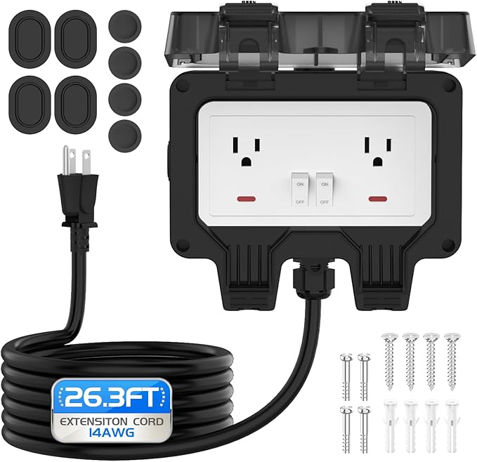Outdoor Outlet Box with 26.3Ft Extension Cord, NEMA 5-15R, STW 14 AWG,IP66 Waterproof Power Outlet Extender with On/Off Switch & LED Indicator for Garden Yards& Outdoor Activity