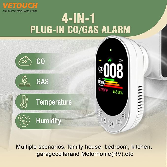 Plug-in CO and Gas Detector, 4-in-1 Combination Natural Gas and Carbon Monoxide Detector,Detect Co,Gas,Temperature,Humidity Values Suitable for Home,Outdoor Camping RV Occasions