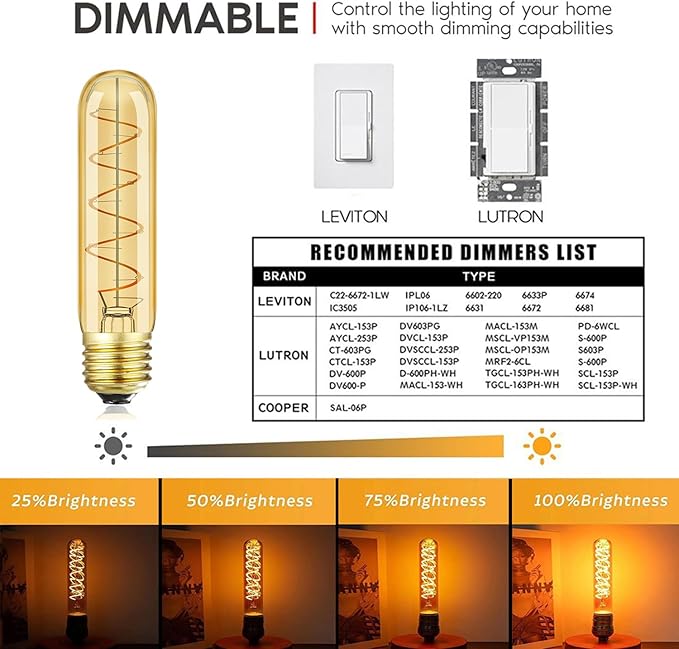 Leools Vintage T10 LED Edison Light Bulb Super Thin Filament, 40 Watt Warm Light Vanity Night Amber Bulbs, Dimmable Tubular Incandescent E26 LED Edison Bulb 40W Warm Warm 2200K, 6 Pack