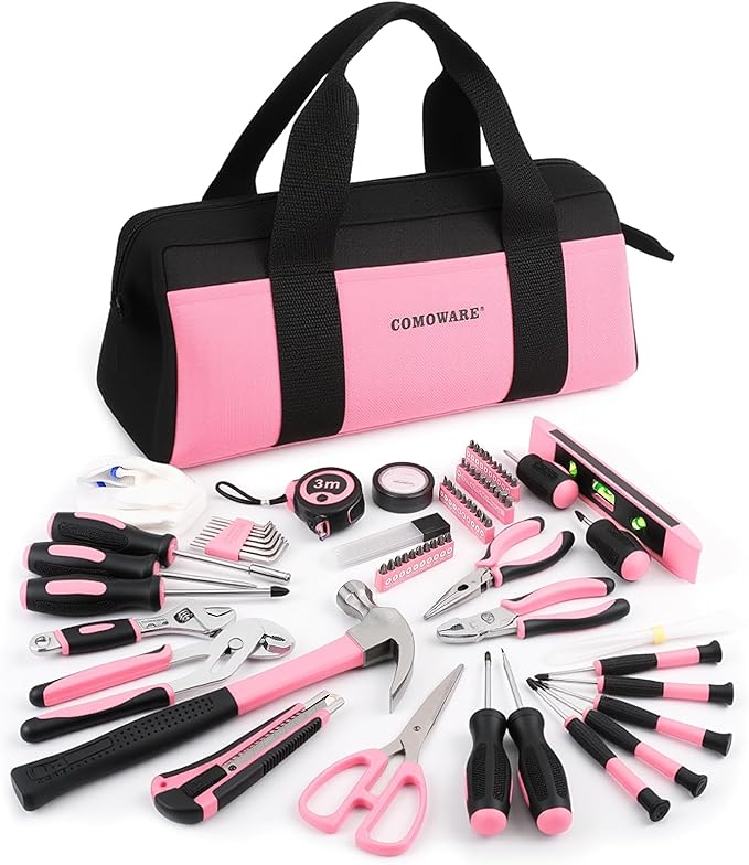 COMOWARE 218 Pcs Pink Home Tool Kit, Basic Household Hand Tool Set with Bag, Ladies Hand Tool Kit Women Home Repairing Tool Kit for Home Maintenance Daily Use Homework DIY